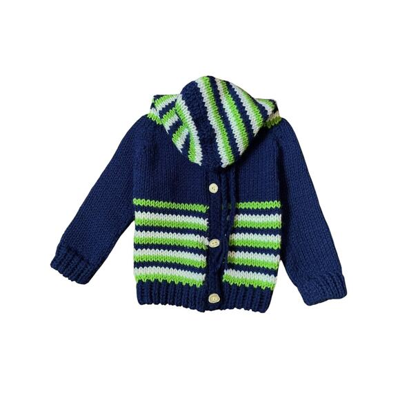Vintage Kids Unisex Blue White Green Crochet Knit Hooded Cardigan Sweater 2T - Picture 2 of 4